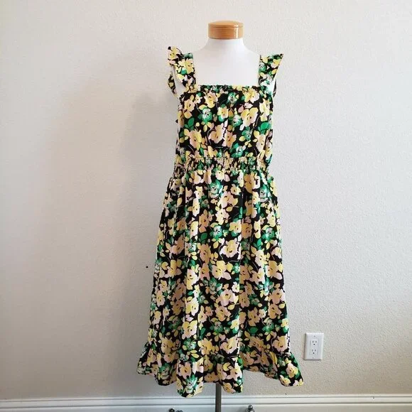 NWT Who What Wear Electric Floral Smocked Waist Square Neckline Dress Pocket XXL - Picture 2 of 8